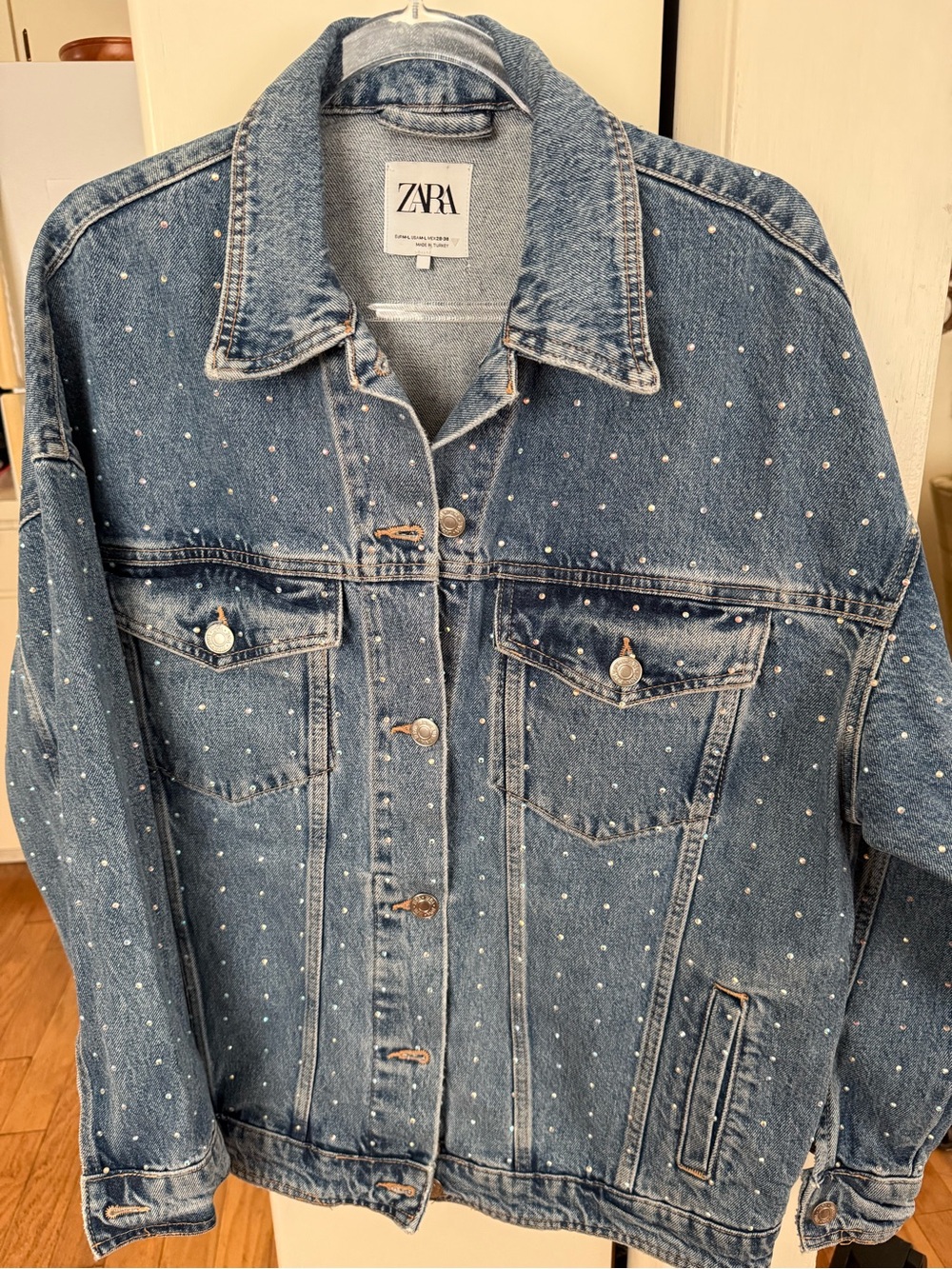 Zara Distressed Mid Blue Denim Jacket with Pearl Studs